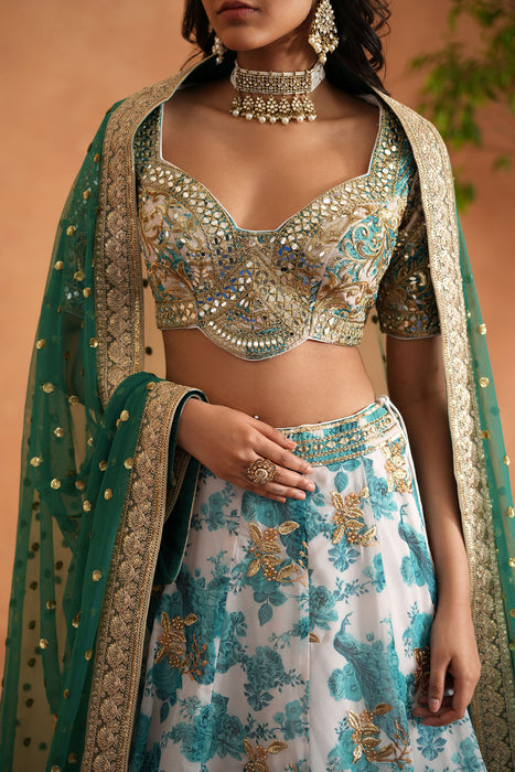Teal blue mirror embroidery blouse, printed lehanga,dupatta