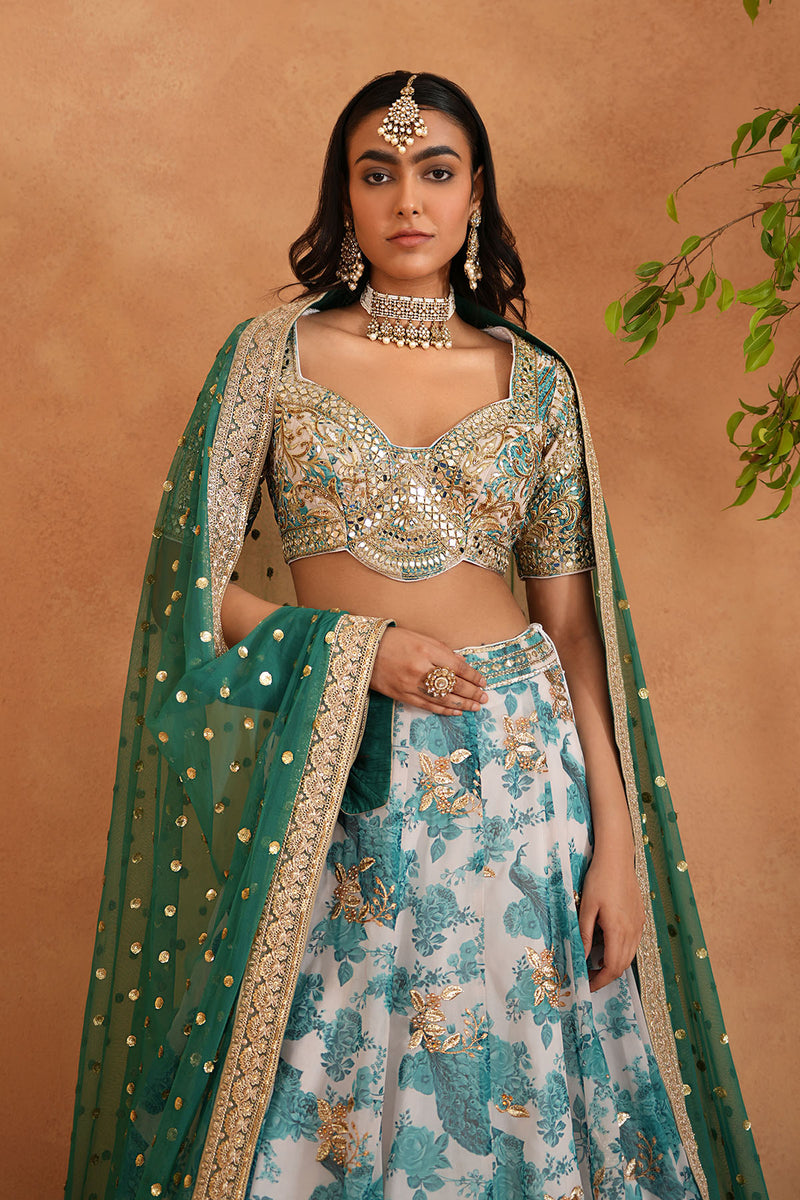 Teal blue mirror embroidery blouse, printed lehanga,dupatta