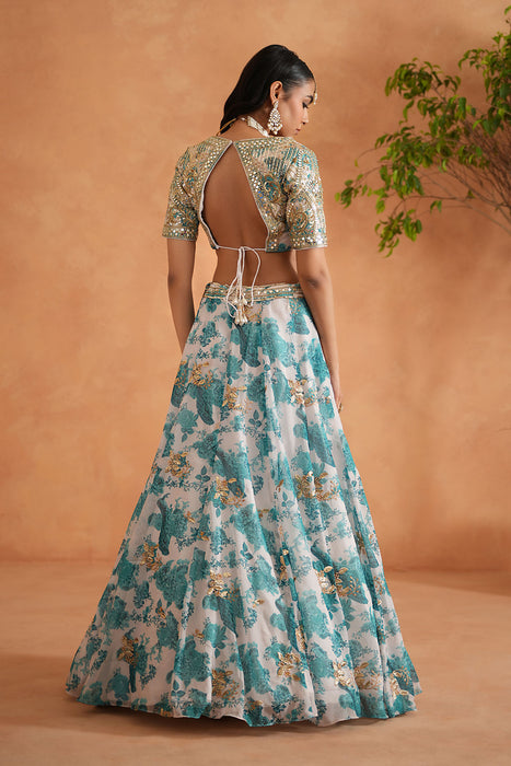 Teal blue mirror embroidery blouse, printed lehanga,dupatta