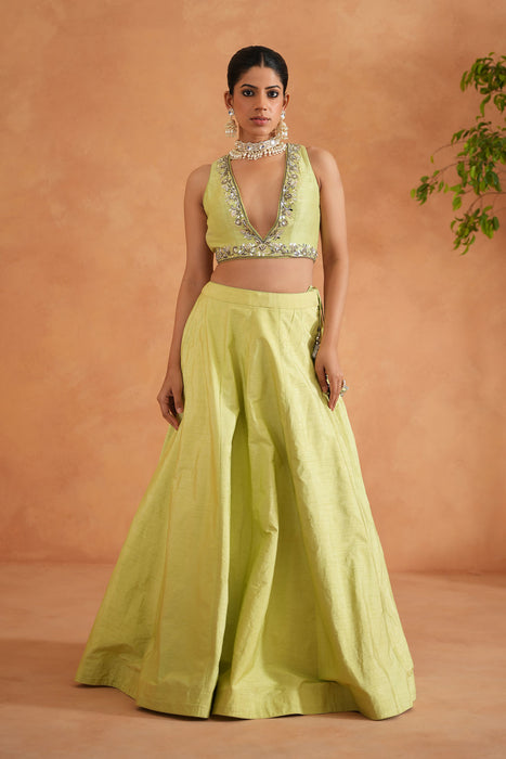 Lime Yellow embroidered Blouse, Lehenga and Dupatta