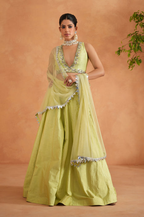 Lime Yellow embroidered Blouse, Lehenga and Dupatta