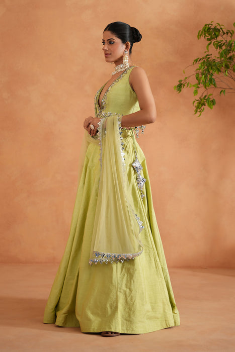 Lime Yellow embroidered Blouse, Lehenga and Dupatta