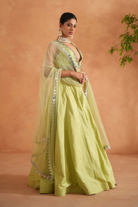Lime Yellow embroidered Blouse, Lehenga and Dupatta
