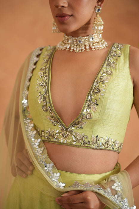 Lime Yellow embroidered Blouse, Lehenga and Dupatta