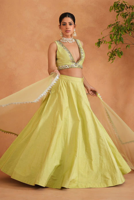 Lime Yellow embroidered Blouse, Lehenga and Dupatta