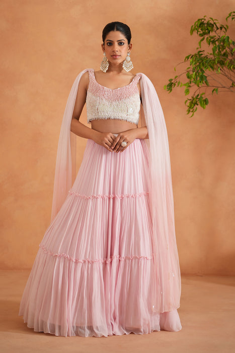 White and pink embroidered blouse, lehnaga, dupatta