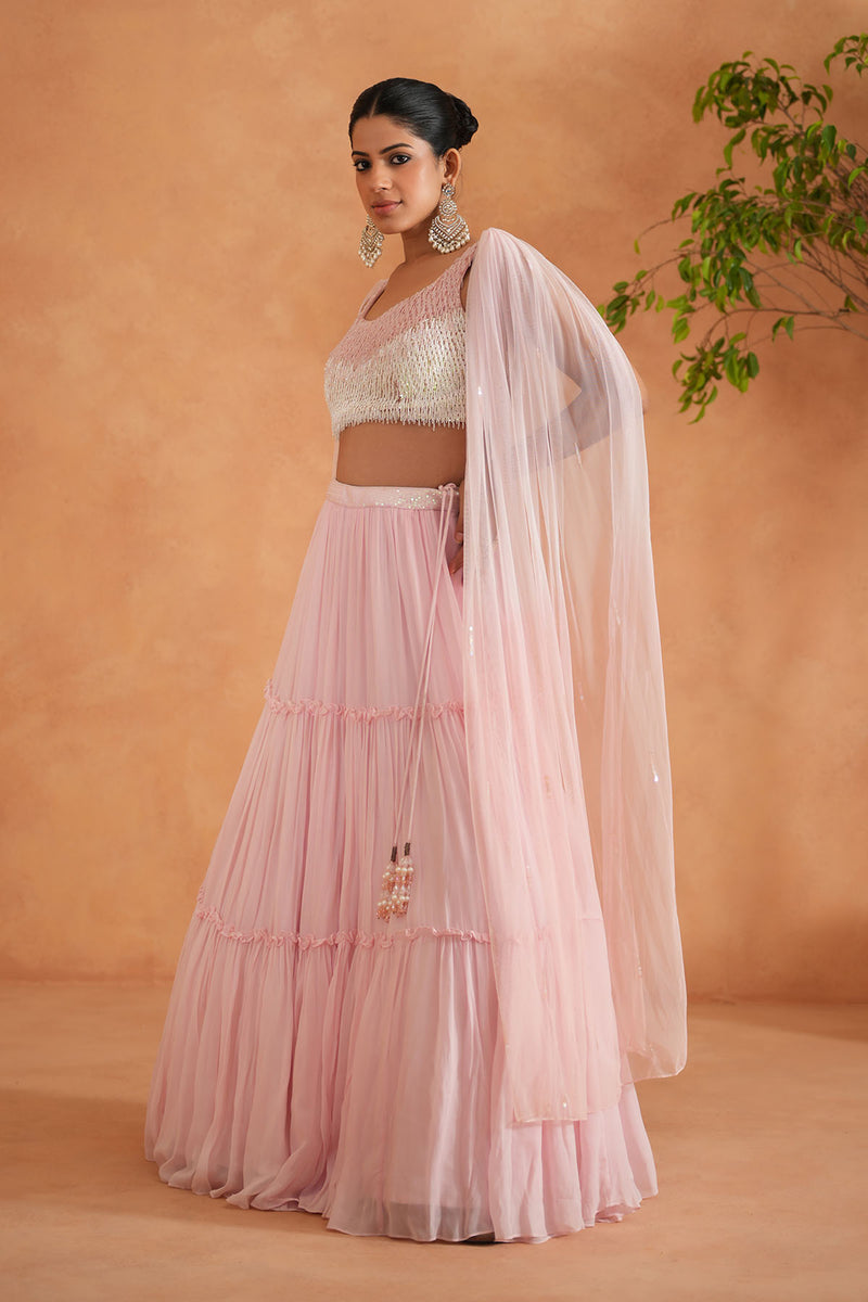 White and pink embroidered blouse, lehnaga, dupatta