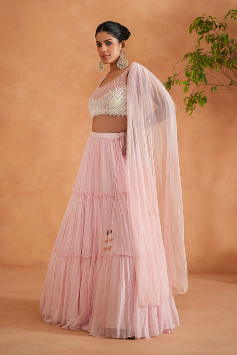 White and pink embroidered blouse, lehnaga, dupatta