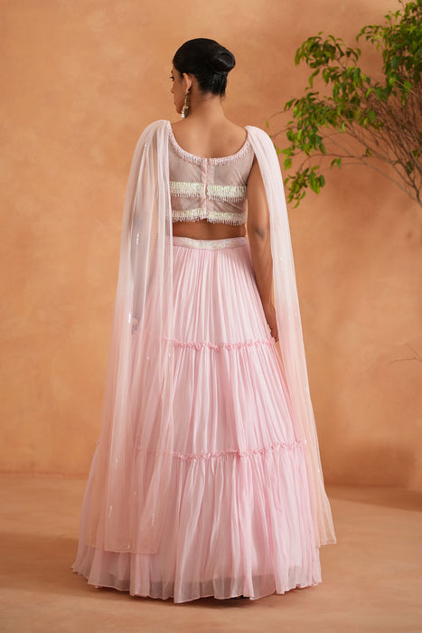 White and pink embroidered blouse, lehnaga, dupatta