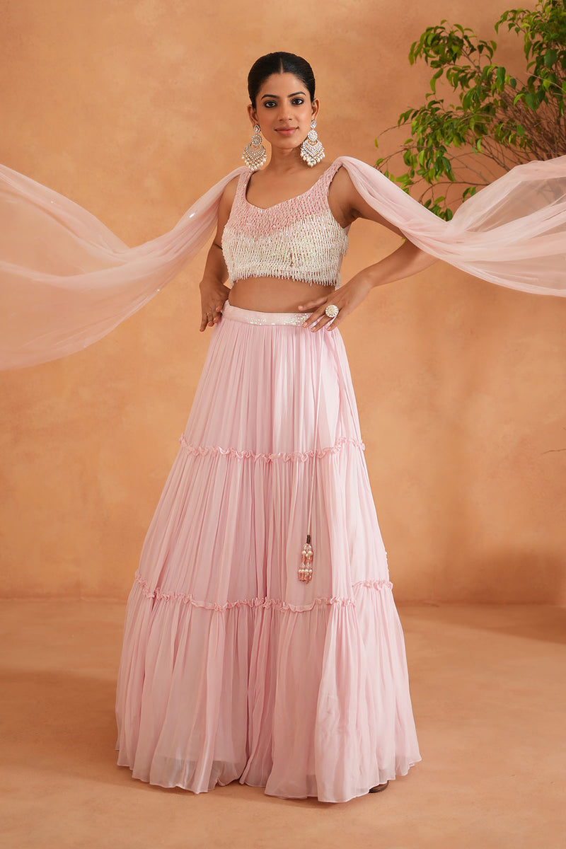 White and pink embroidered blouse, lehnaga, dupatta