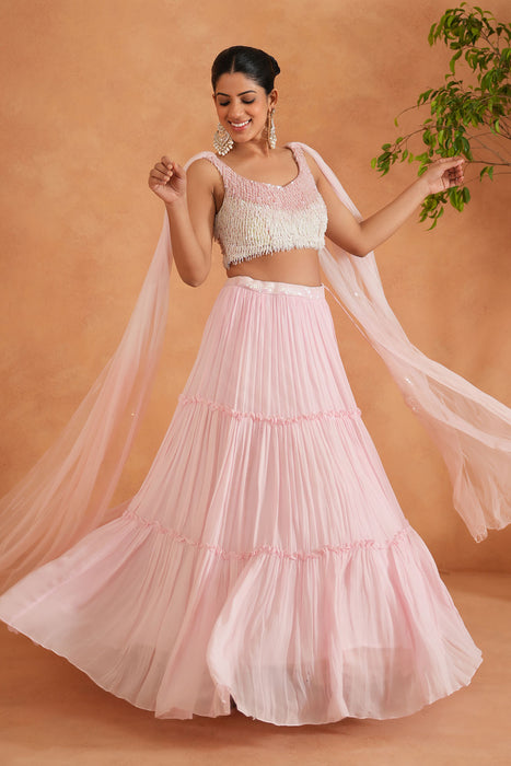 White and pink embroidered blouse, lehnaga, dupatta