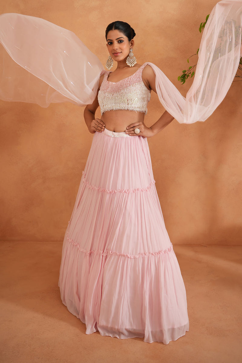 White and pink embroidered blouse, lehnaga, dupatta