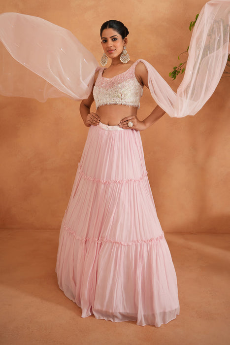 White and pink embroidered blouse, lehnaga, dupatta