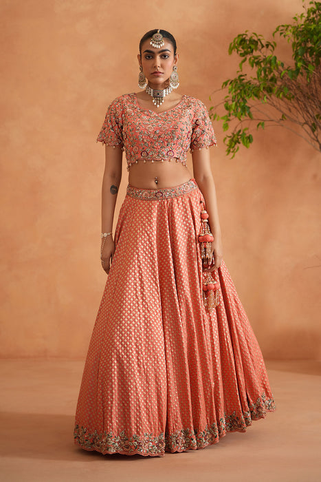 Coral embroidery blouse, Brocade lehnaga, dupatta