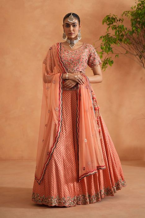 Coral embroidery blouse, Brocade lehnaga, dupatta