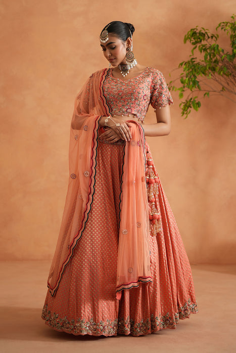 Coral embroidery blouse, Brocade lehnaga, dupatta