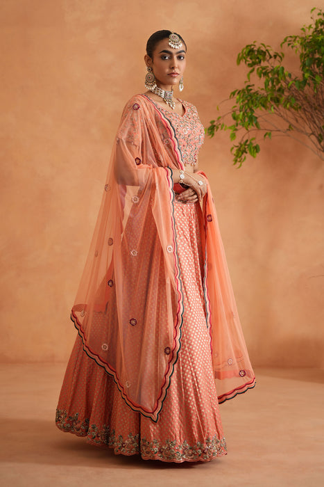 Coral embroidery blouse, Brocade lehnaga, dupatta