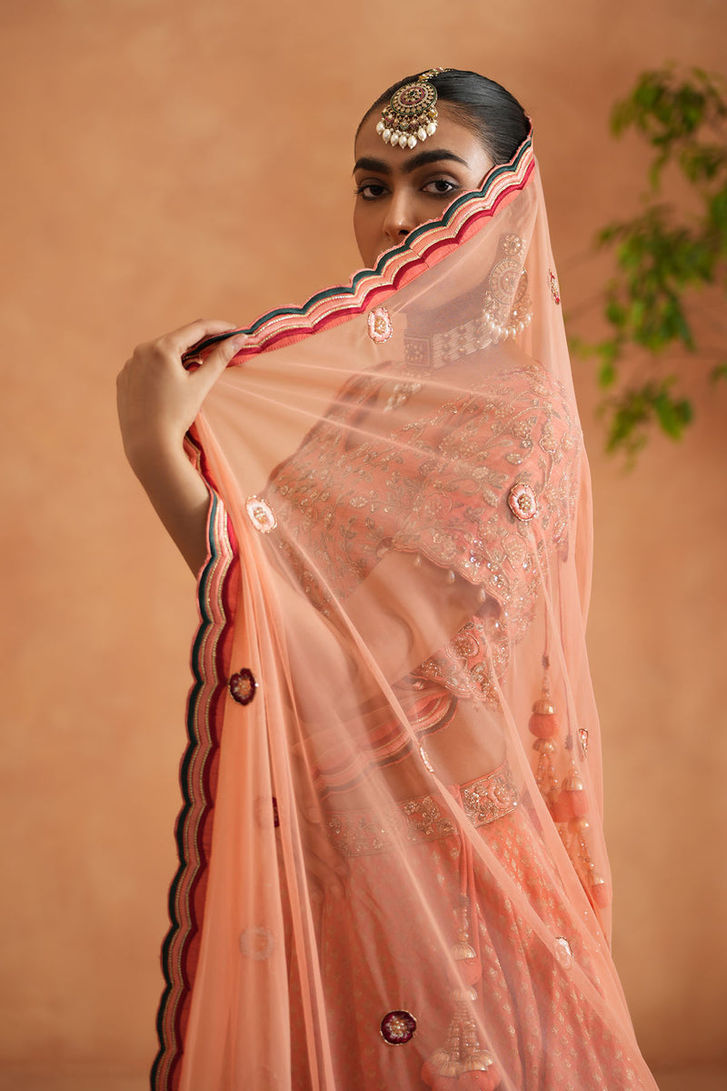 Coral embroidery blouse, Brocade lehnaga, dupatta