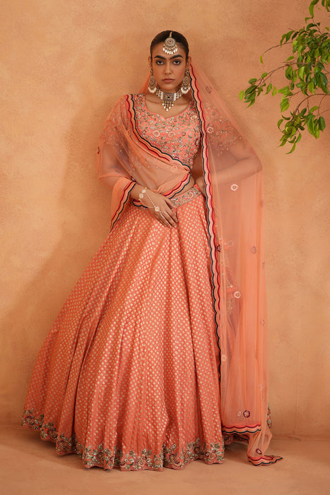 Coral embroidery blouse, Brocade lehnaga, dupatta