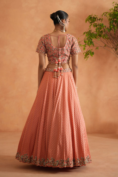 Coral embroidery blouse, Brocade lehnaga, dupatta