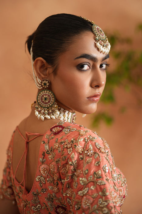 Coral embroidery blouse, Brocade lehnaga, dupatta