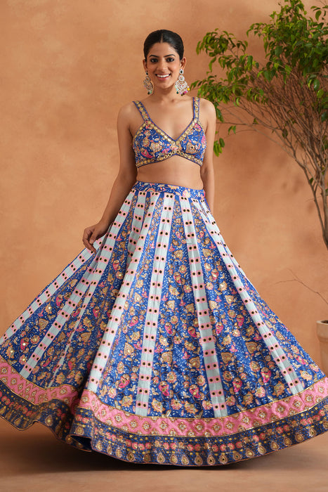 Blue Printed and Embroidered Blouse, Lehenga and Dupatta