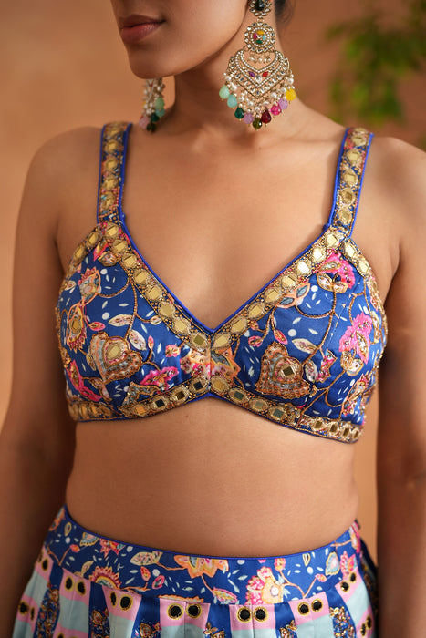 Blue Printed and Embroidered Blouse, Lehenga and Dupatta