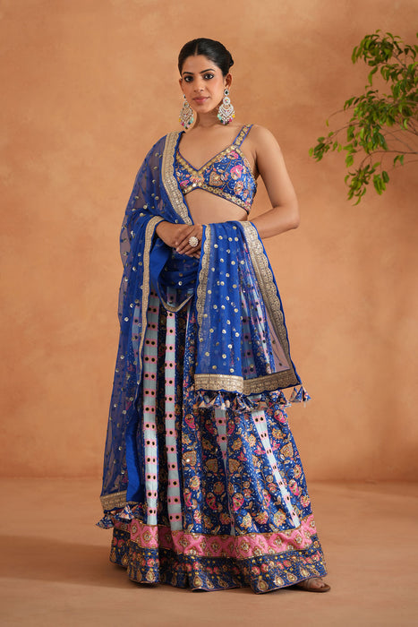 Blue Printed and Embroidered Blouse, Lehenga and Dupatta