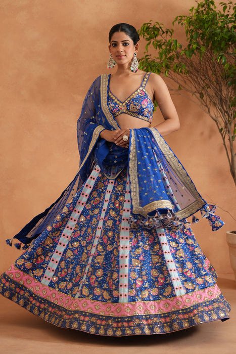 Blue Printed and Embroidered Blouse, Lehenga and Dupatta