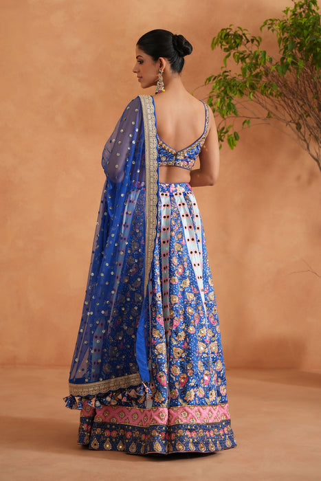 Blue Printed and Embroidered Blouse, Lehenga and Dupatta