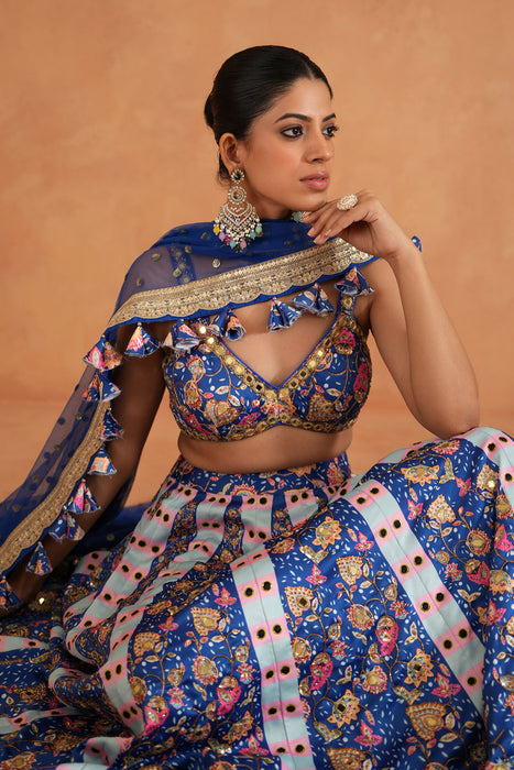 Blue Printed and Embroidered Blouse, Lehenga and Dupatta