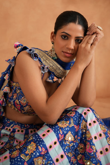 Blue Printed and Embroidered Blouse, Lehenga and Dupatta