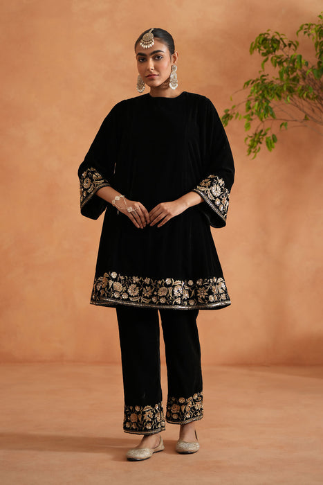 Black velvet embroidered tunic and pants