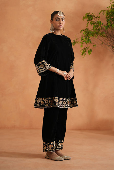 Black velvet embroidered tunic and pants