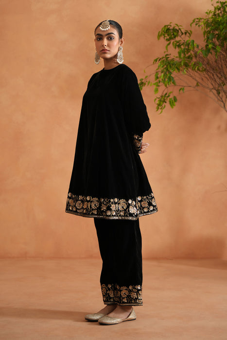 Black velvet embroidered tunic and pants