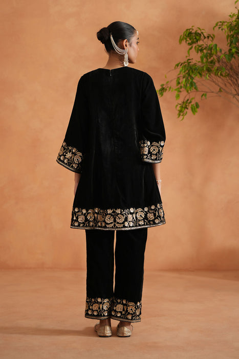 Black velvet embroidered tunic and pants