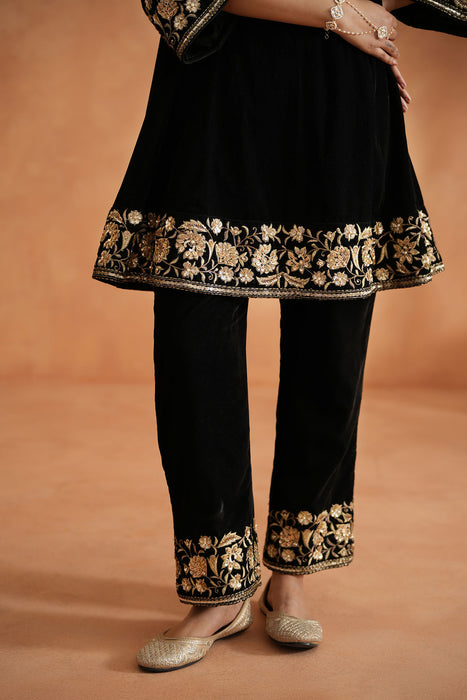 Black velvet embroidered tunic and pants