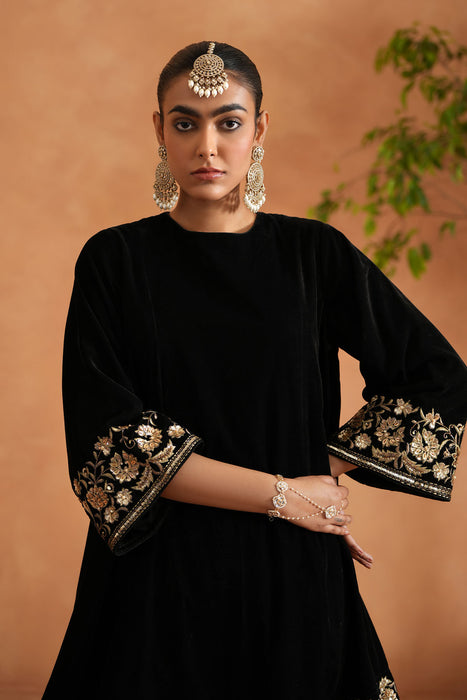 Black velvet embroidered tunic and pants