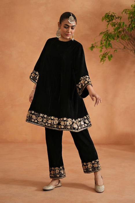 Black velvet embroidered tunic and pants