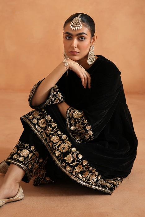 Black velvet embroidered tunic and pants