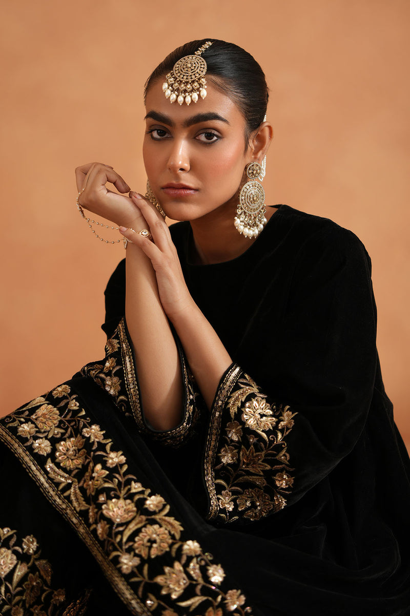 Black velvet embroidered tunic and pants