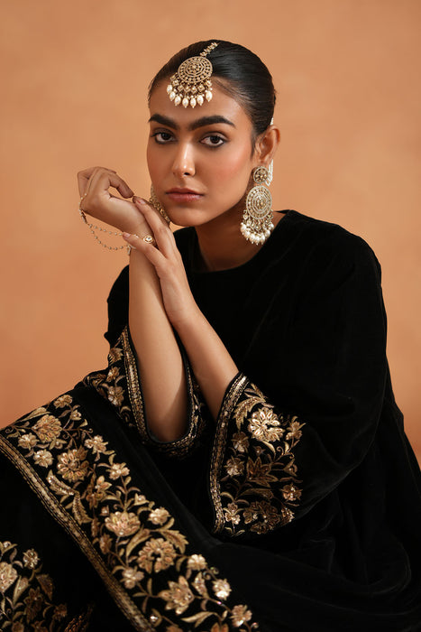 Black velvet embroidered tunic and pants