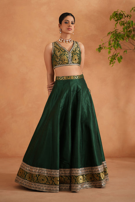Bottle green Brocade Blouse, Lehenga and Dupatta