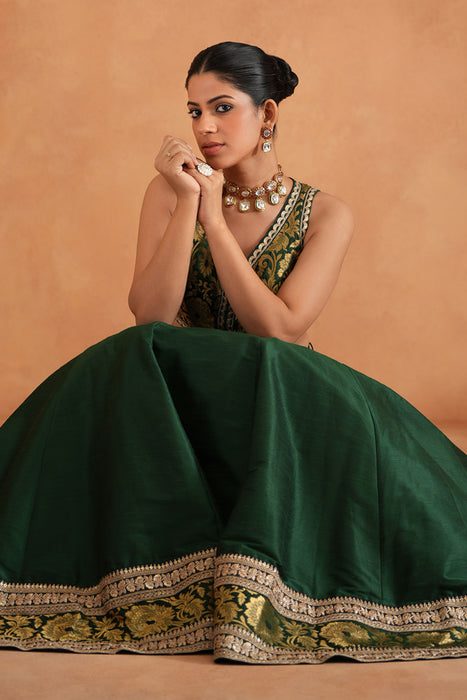Bottle green Brocade Blouse, Lehenga and Dupatta