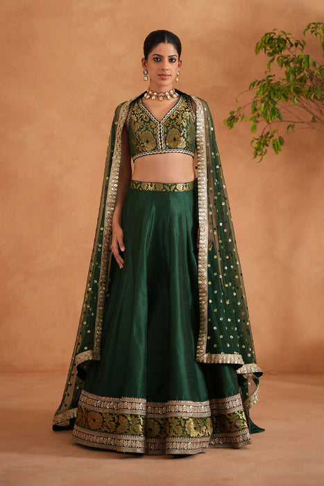 Bottle green Brocade Blouse, Lehenga and Dupatta