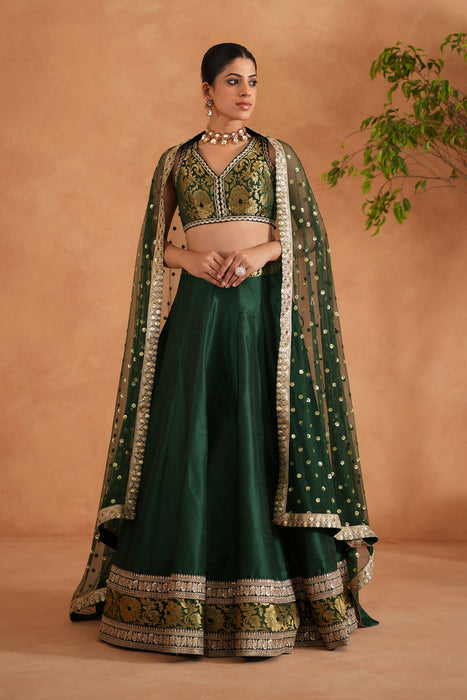 Bottle green Brocade Blouse, Lehenga and Dupatta