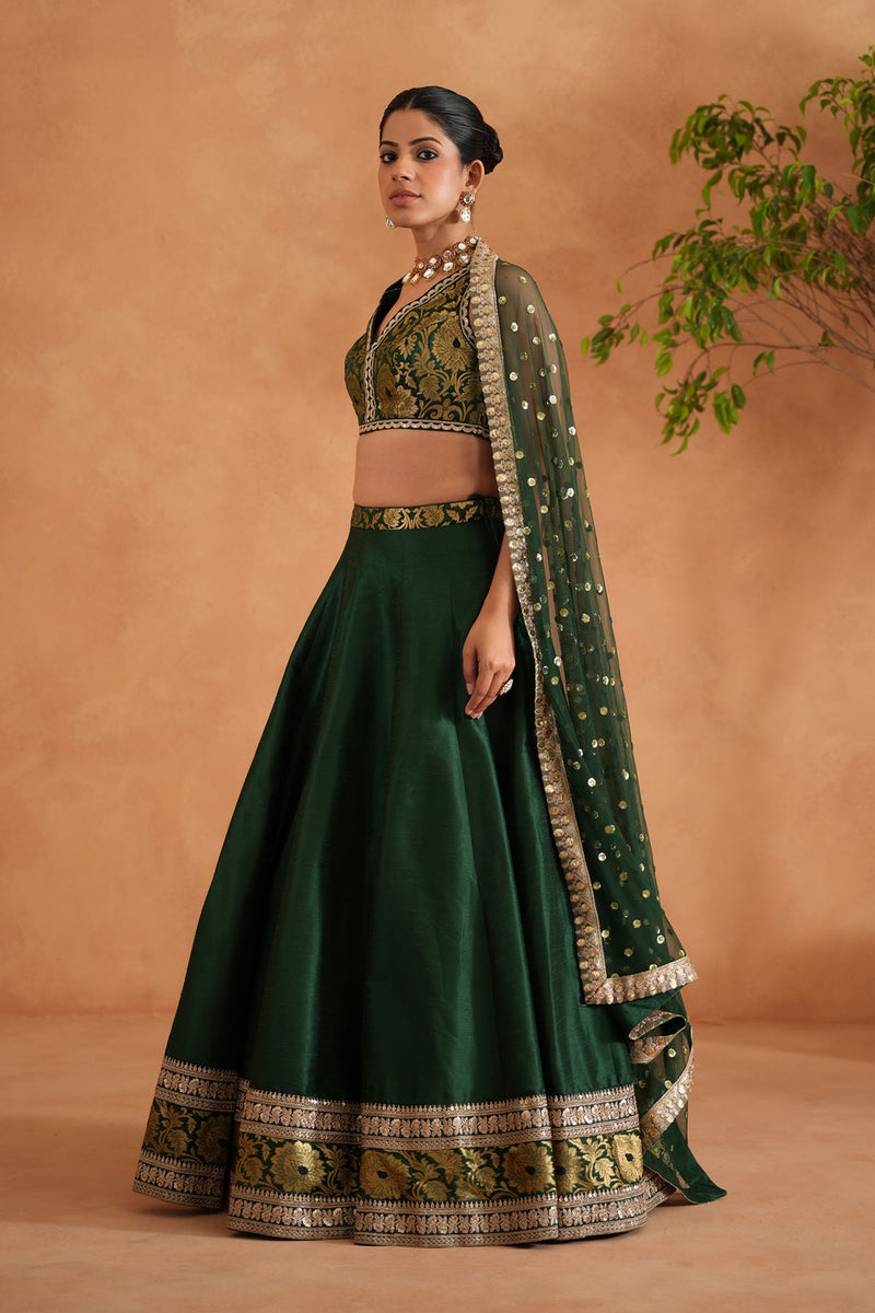 Bottle green Brocade Blouse, Lehenga and Dupatta