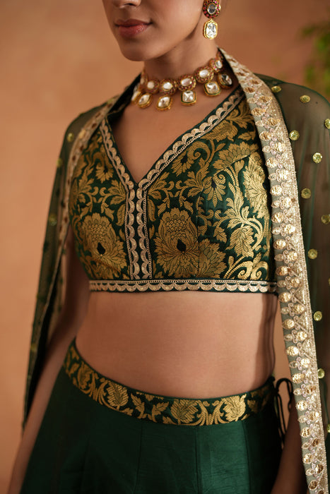 Bottle green Brocade Blouse, Lehenga and Dupatta