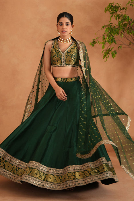 Bottle green Brocade Blouse, Lehenga and Dupatta
