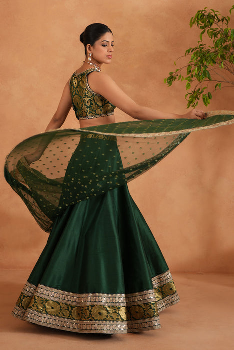 Bottle green Brocade Blouse, Lehenga and Dupatta
